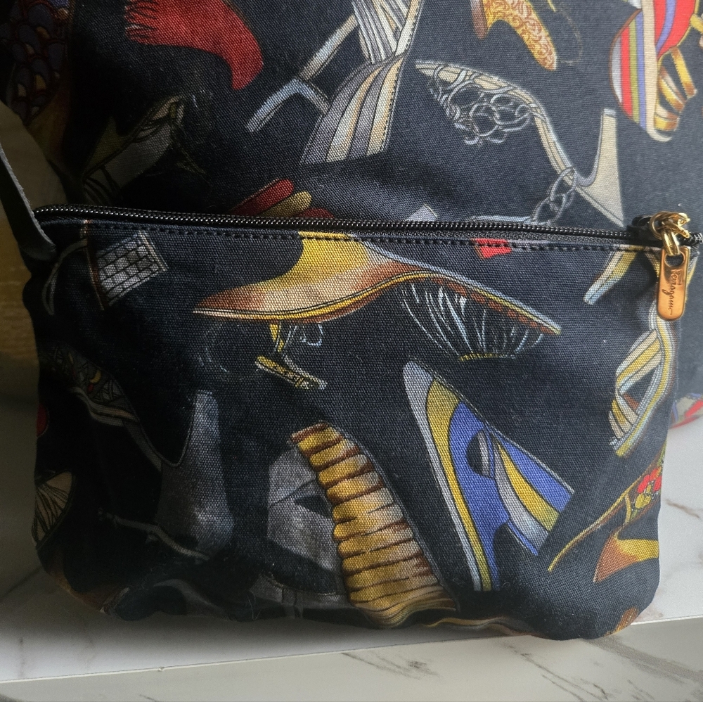 GUC Vintage Salvatore Ferragamo Summer Heel Canvas Tote Shoulder Bag - Picture 2 of 15